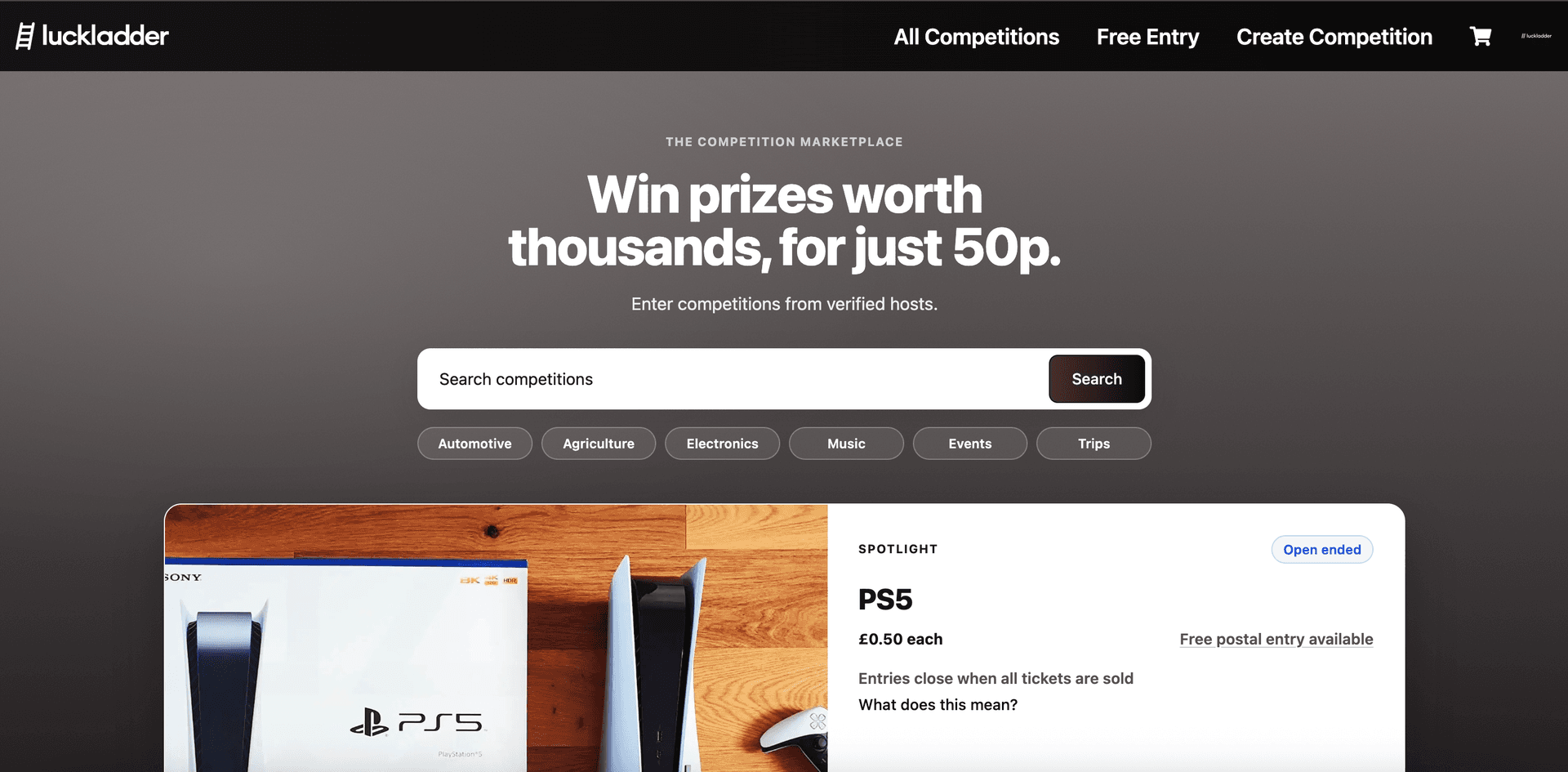 luckladder homepage with Create Competition highlighted in the top navigation