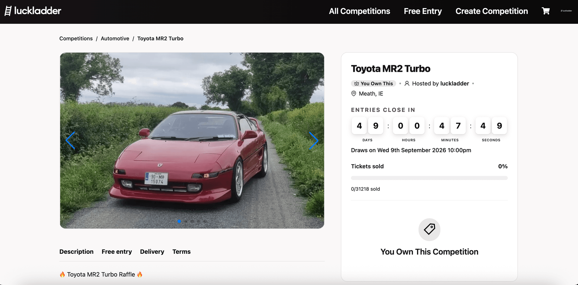 Live luckladder competition page after hosting a Toyota MR2 Turbo prize draw