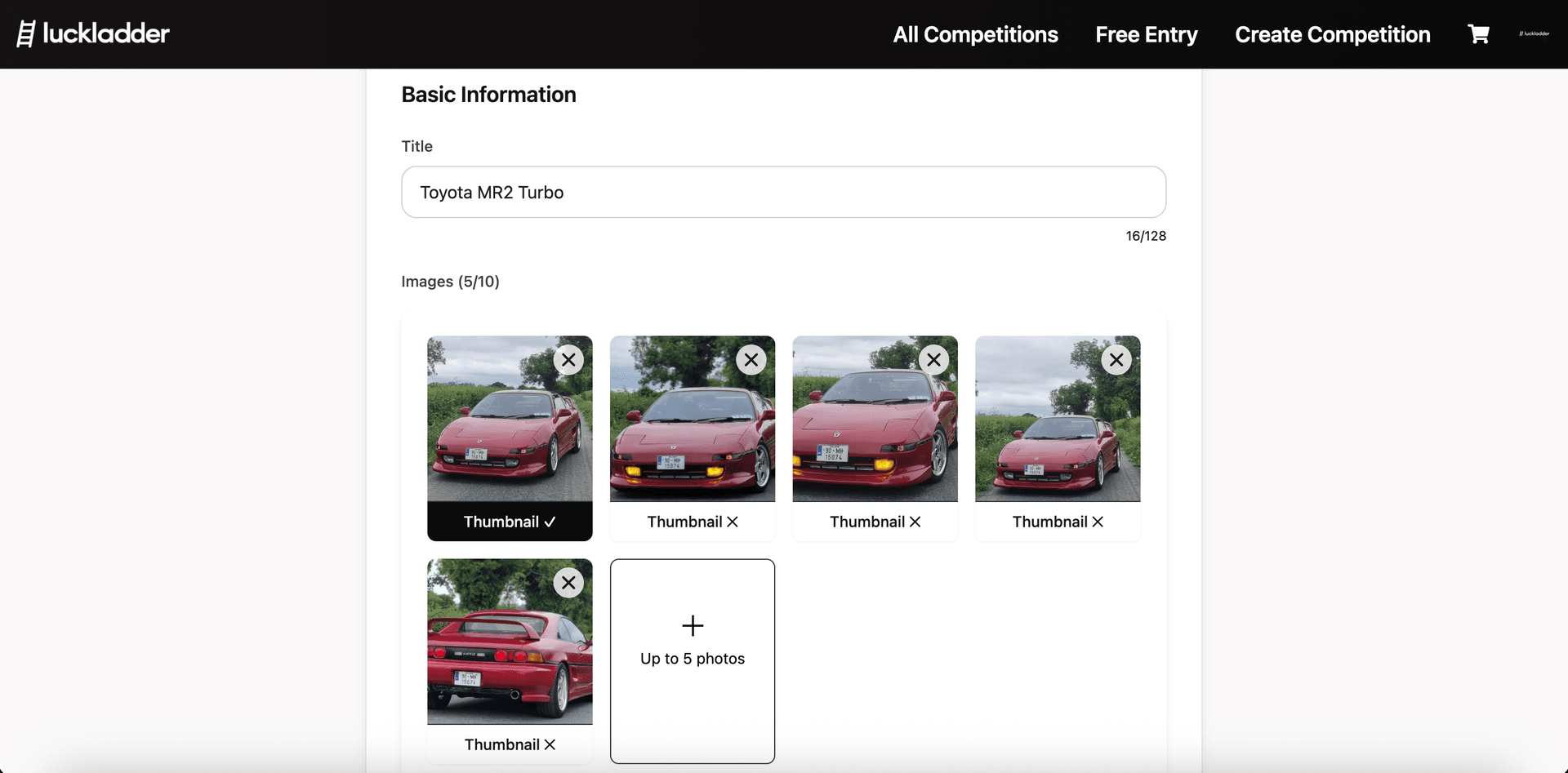 Basic Information with Toyota MR2 photos uploaded and Thumbnail selected