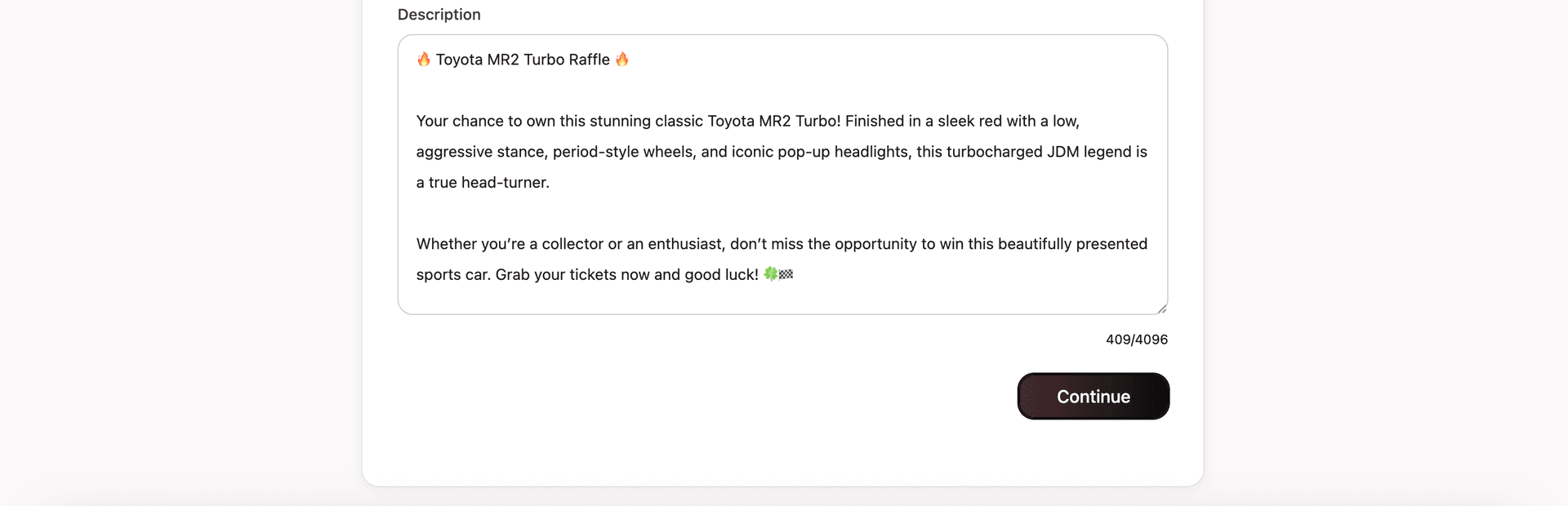 Description field filled for Toyota MR2 Turbo raffle with Continue highlighted