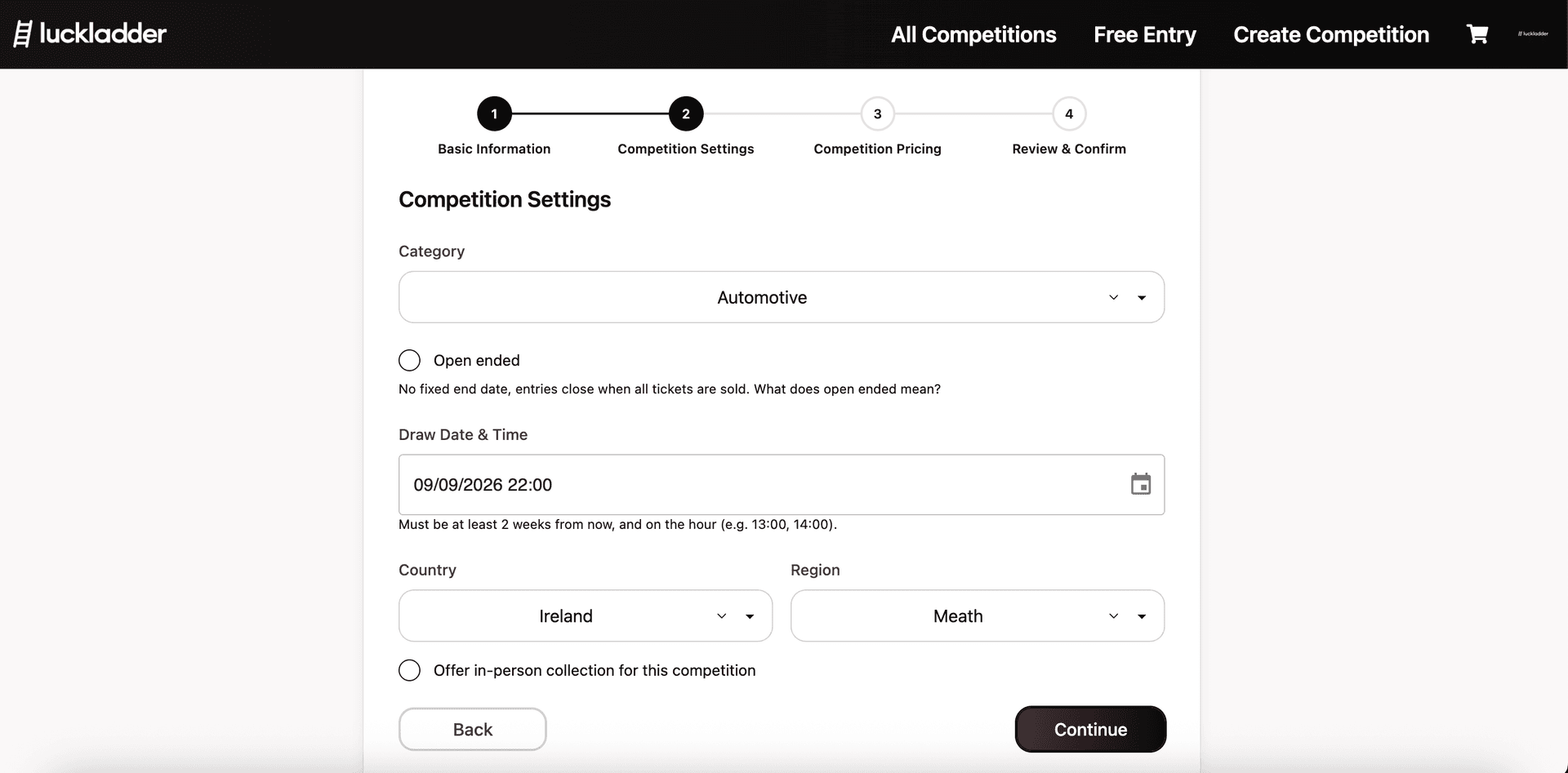 Competition Settings with Automotive category, draw date, and Ireland location