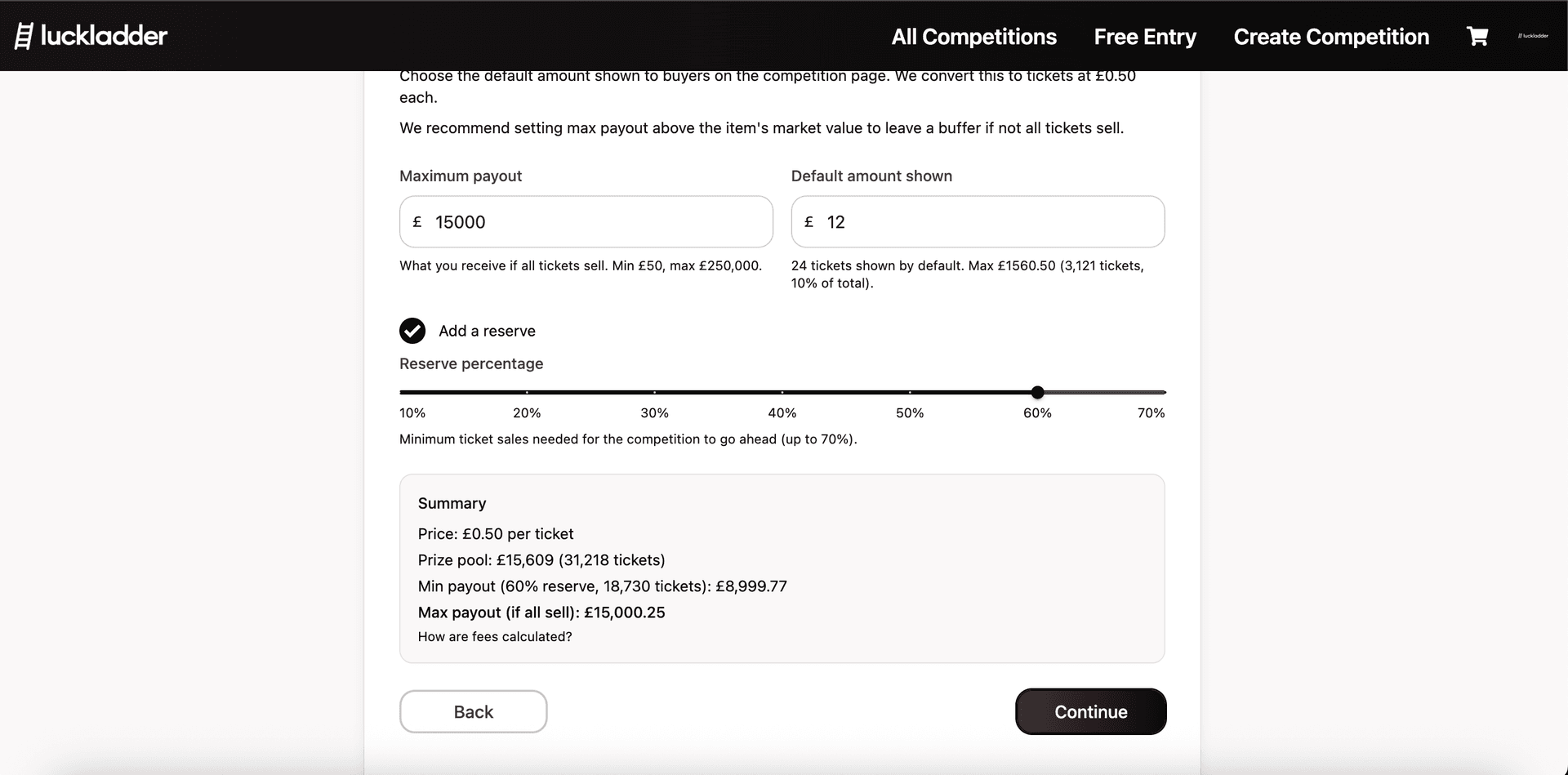 Pricing summary showing prize pool, min payout at reserve, and max payout