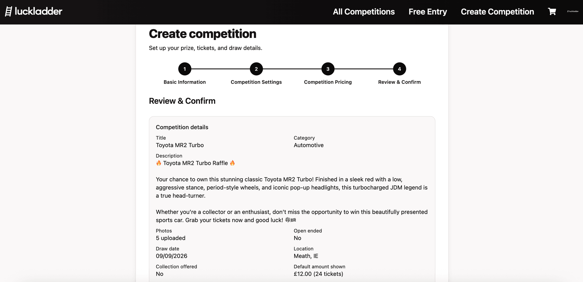 Review and Confirm screen showing competition details for Toyota MR2 Turbo