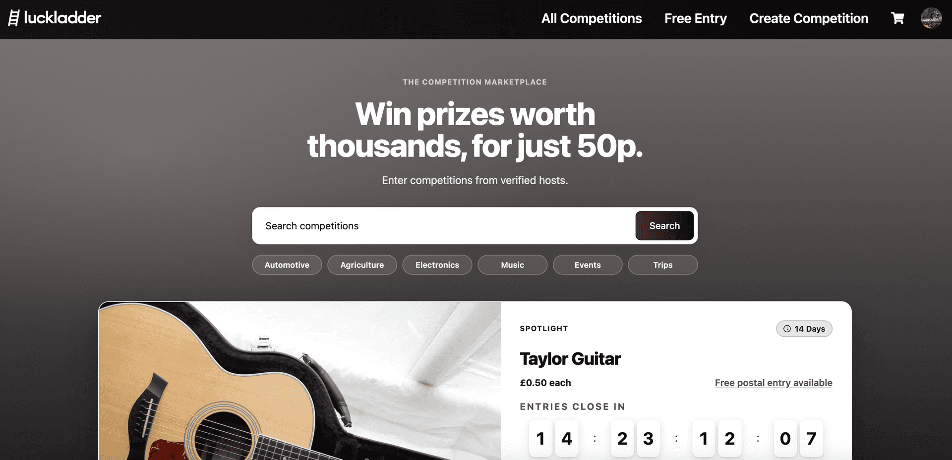 luckladder homepage showing search, categories, and a spotlight Taylor Guitar competition