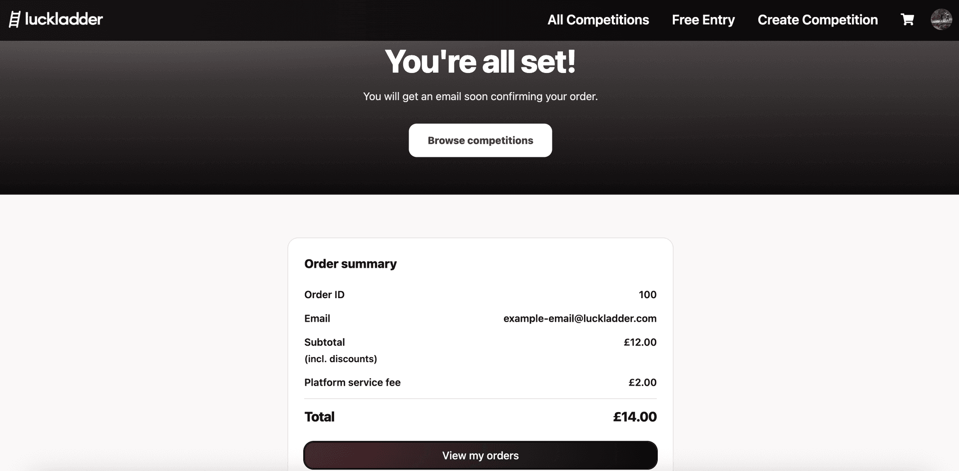 Order confirmation after entering a Toyota MR2 Turbo competition on luckladder