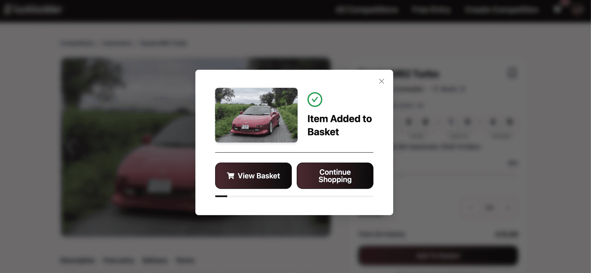 Item Added to Basket confirmation modal on the Toyota MR2 Turbo competition page