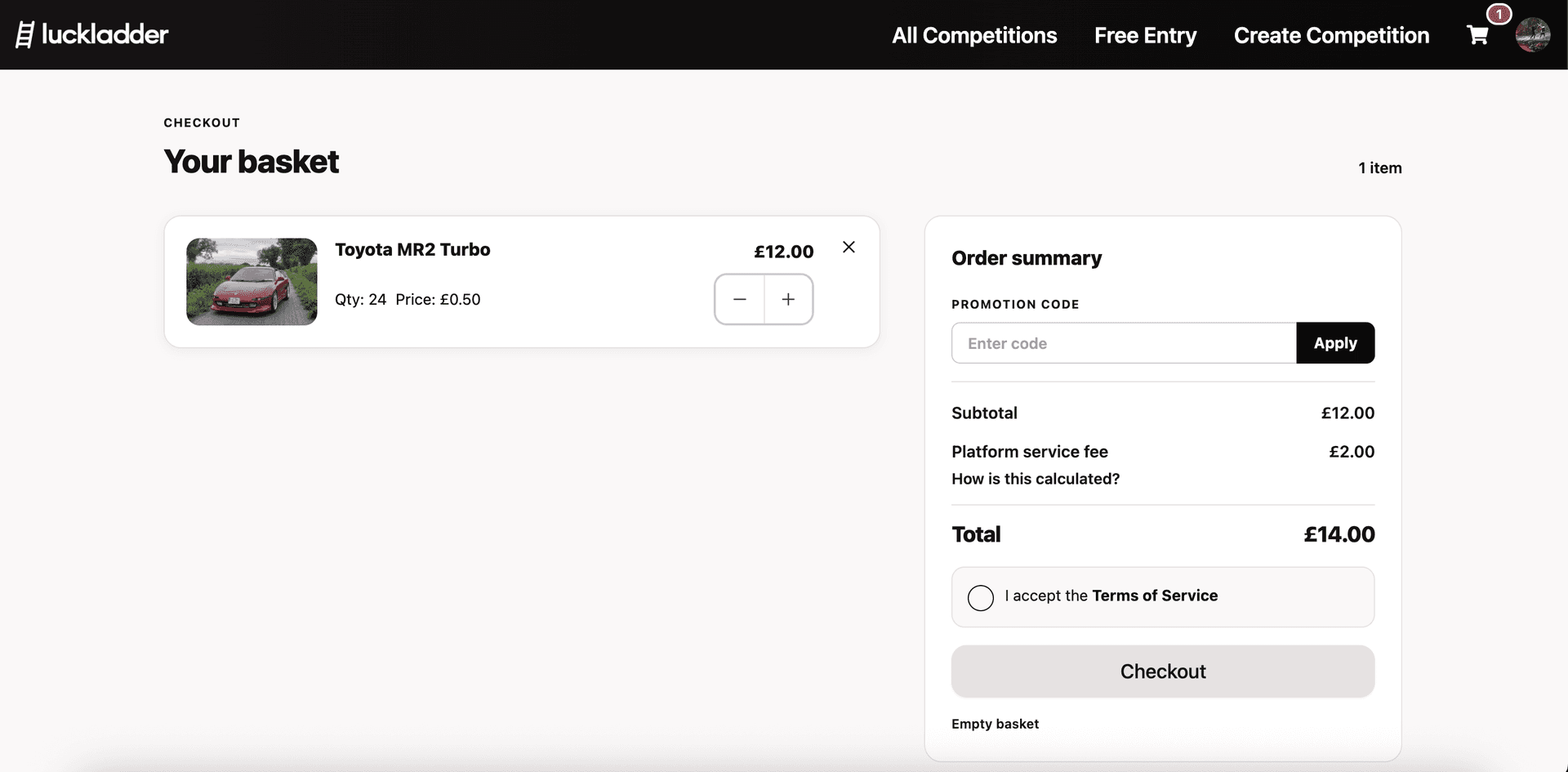 Checkout page with Toyota MR2 Turbo basket item, platform service fee, and Terms of Service