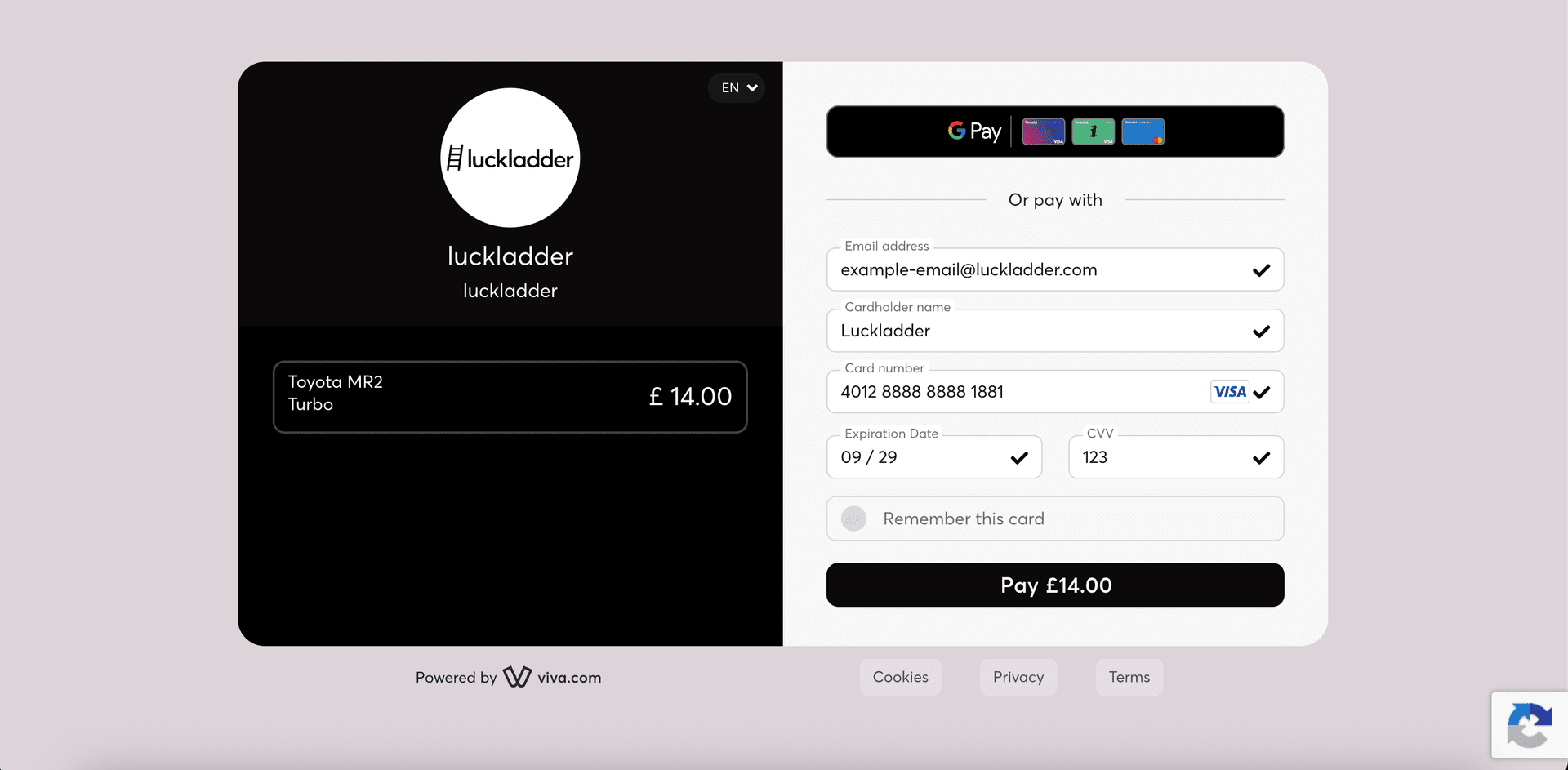 Secure payment screen for Toyota MR2 Turbo entry with Google Pay and card fields