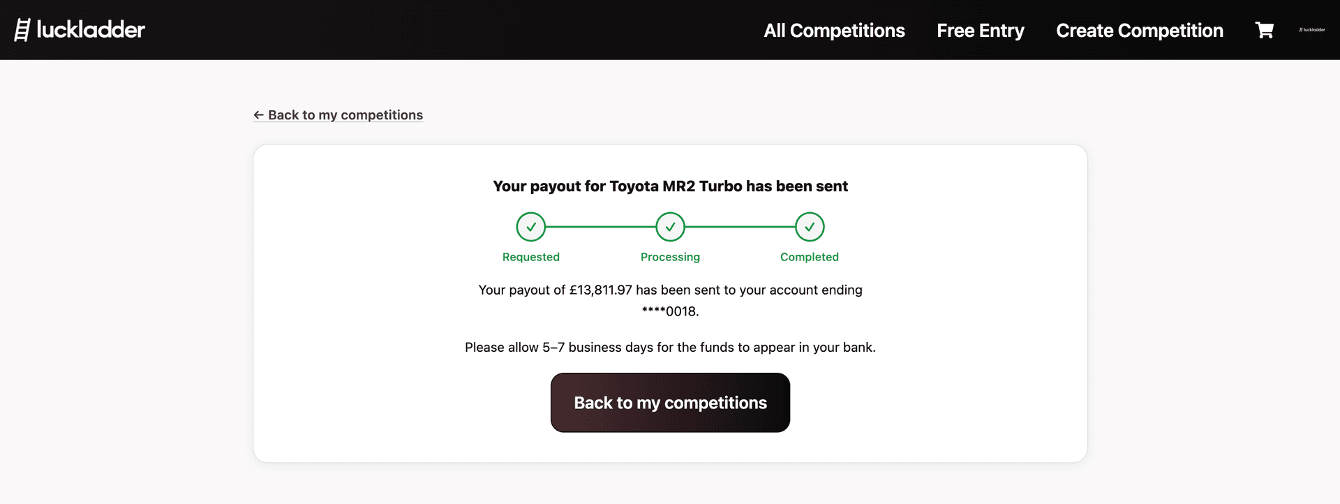 Payout sent confirmation after hosting a Toyota MR2 Turbo competition on luckladder