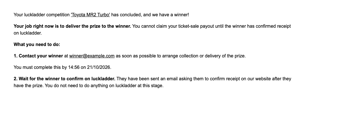 Host draw-result email for Toyota MR2 Turbo with winner contact details and handover instructions