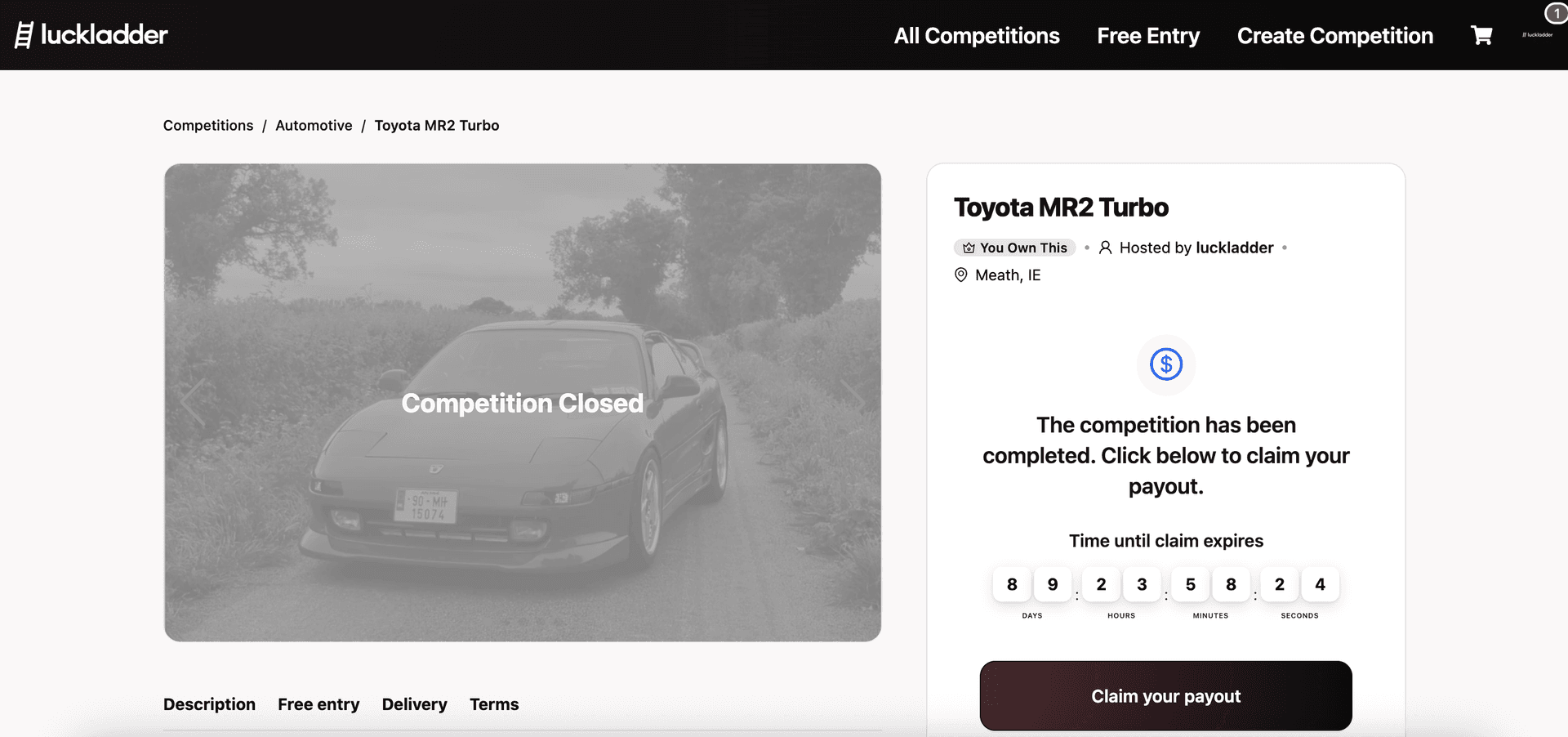 Toyota MR2 Turbo competition page showing Claim your payout button for the host