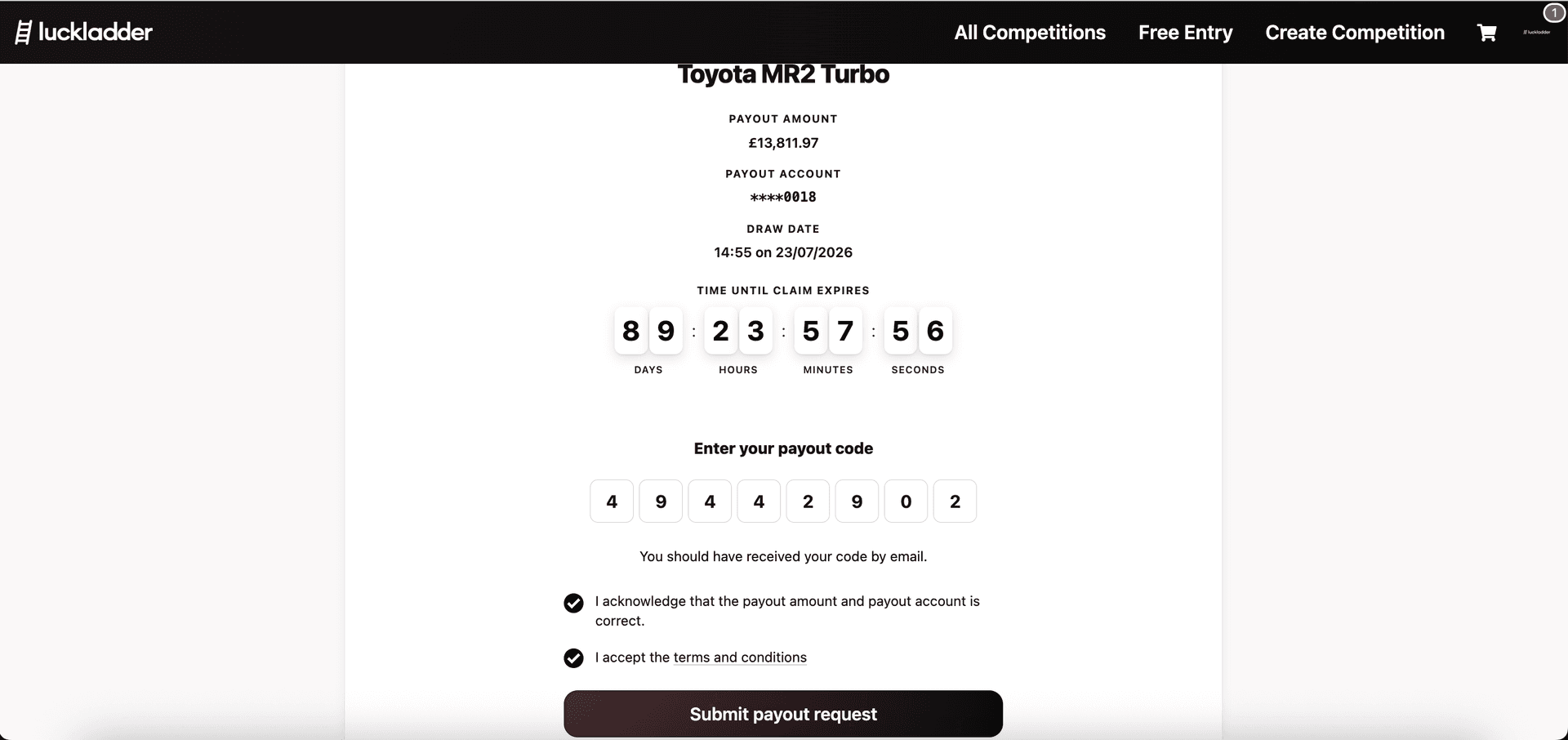 Host payout claim page with verification code entered for Toyota MR2 Turbo