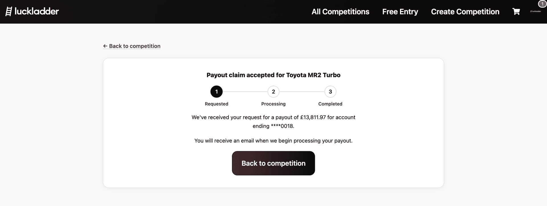 Payout claim accepted screen showing Requested status for Toyota MR2 Turbo host payout