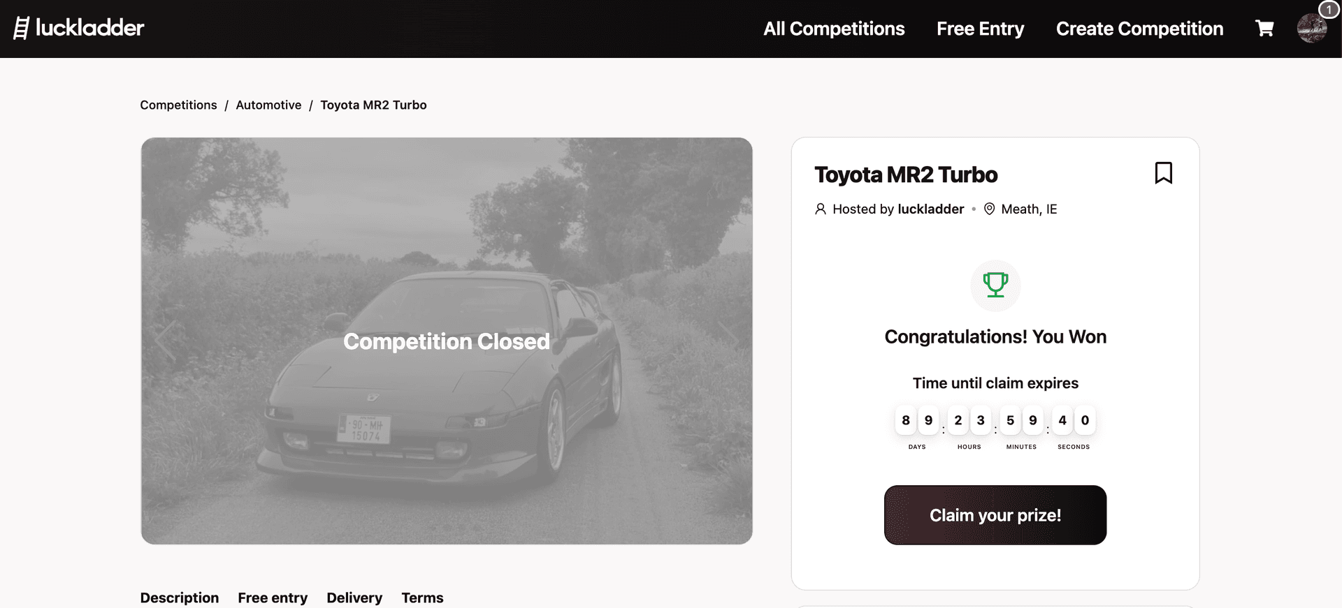Toyota MR2 Turbo competition page showing Congratulations You Won and Claim your prize button