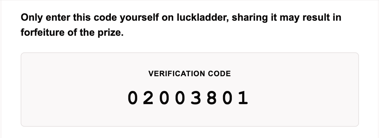 Winner email showing a personal verification code and warning not to share it