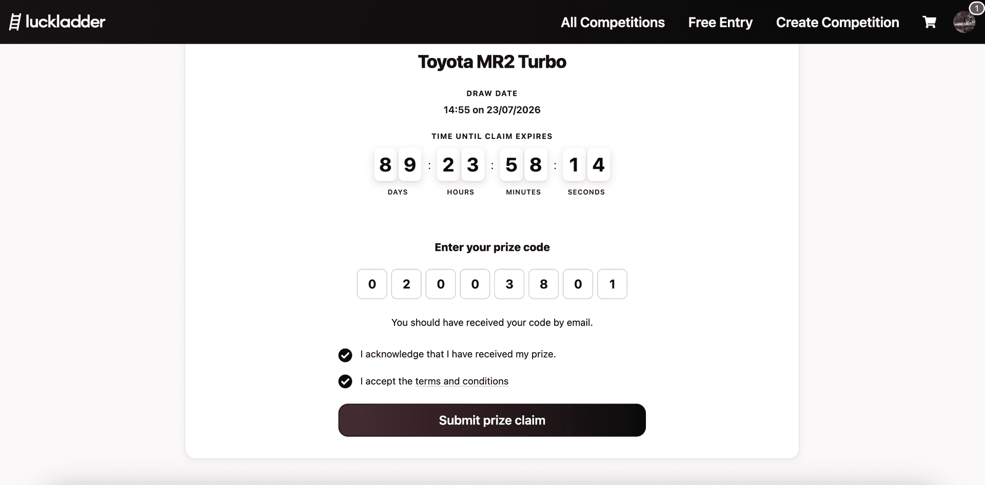 Claim prize page with verification code entered and acknowledgement ticked for Toyota MR2 Turbo