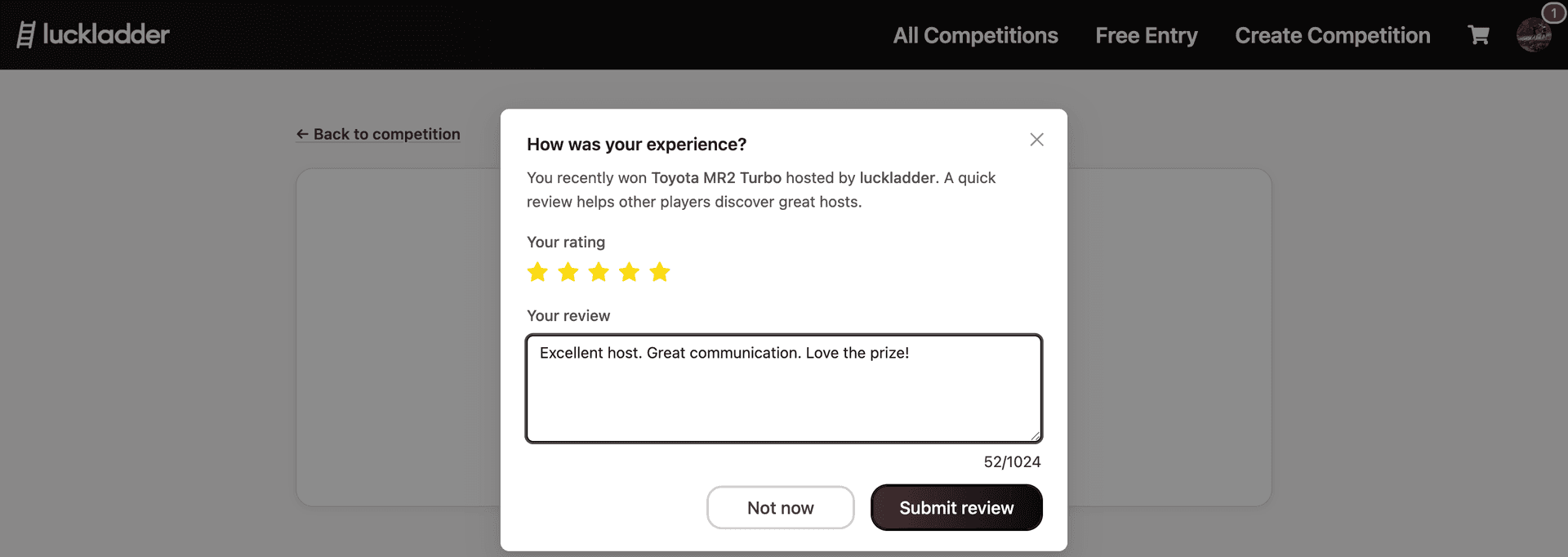 How was your experience review modal after claiming Toyota MR2 Turbo prize